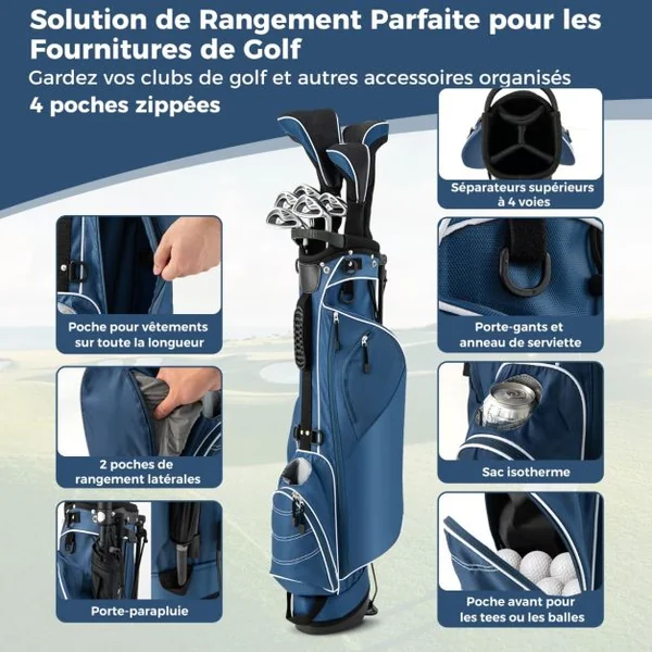 Sac de Golf 9’’ Multifonctionnel avec Trépied en Polyester avec Sangles 4 Compartiments 17,2 x 25,2 x 79,5 cm Bleu/Noir
