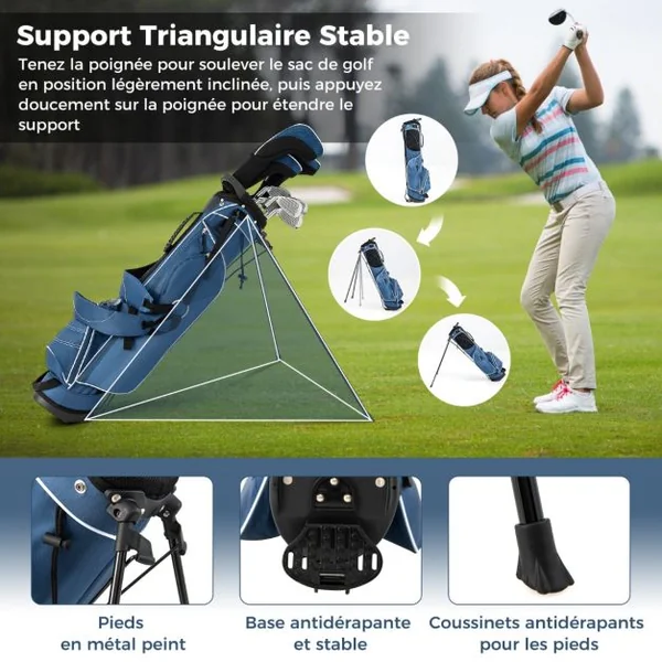 Sac de Golf 9’’ Multifonctionnel avec Trépied en Polyester avec Sangles 4 Compartiments 17,2 x 25,2 x 79,5 cm Bleu/Noir