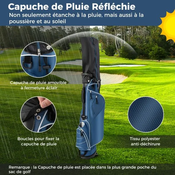 Sac de Golf 9’’ Multifonctionnel avec Trépied en Polyester avec Sangles 4 Compartiments 17,2 x 25,2 x 79,5 cm Bleu/Noir
