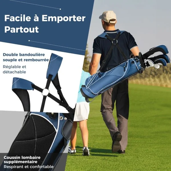 Sac de Golf 9’’ Multifonctionnel avec Trépied en Polyester avec Sangles 4 Compartiments 17,2 x 25,2 x 79,5 cm Bleu/Noir
