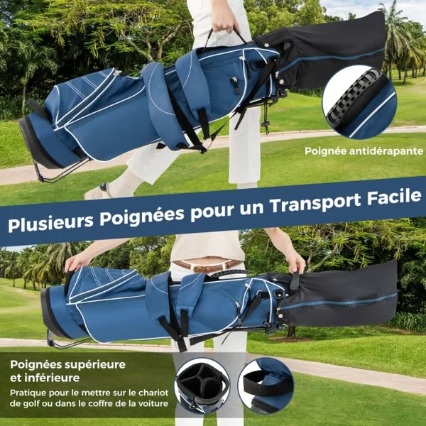 Sac de Golf 9’’ Multifonctionnel avec Trépied en Polyester avec Sangles 4 Compartiments 17,2 x 25,2 x 79,5 cm Bleu/Noir