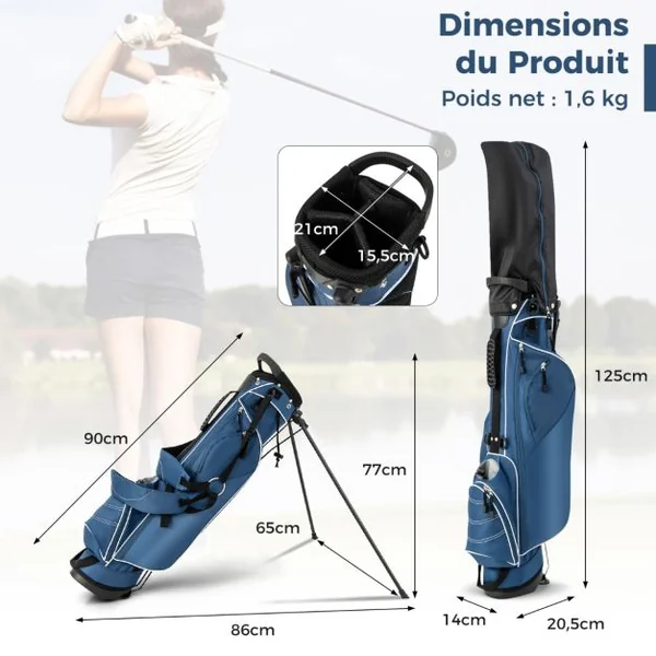 Sac de Golf 9’’ Multifonctionnel avec Trépied en Polyester avec Sangles 4 Compartiments 17,2 x 25,2 x 79,5 cm Bleu/Noir