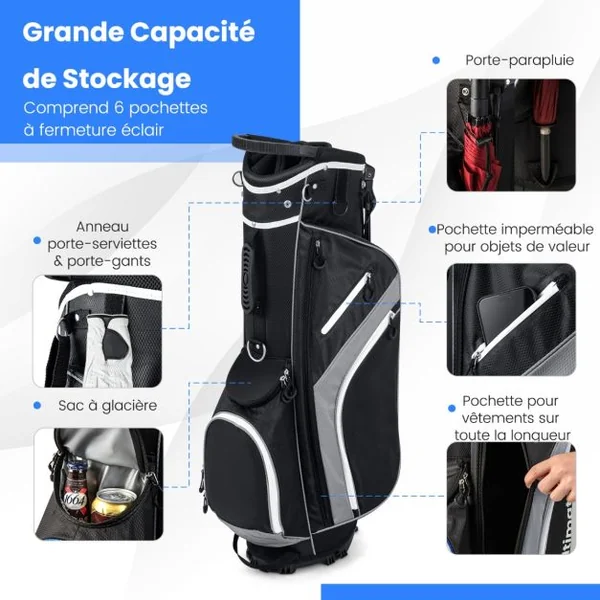 Sac de Golf avec Support Sac de Club de Golf avec Séparateurs Supérieurs à 14 Directions 6 Poches Sac Isotherme Double Sangle Capuche Anti-pluie Sac Bleu/Gris/Rouge