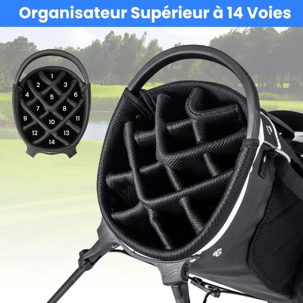 Sac de Golf avec Support Sac de Club de Golf avec Séparateurs Supérieurs à 14 Directions 6 Poches Sac Isotherme Double Sangle Capuche Anti-pluie Sac Bleu/Gris/Rouge