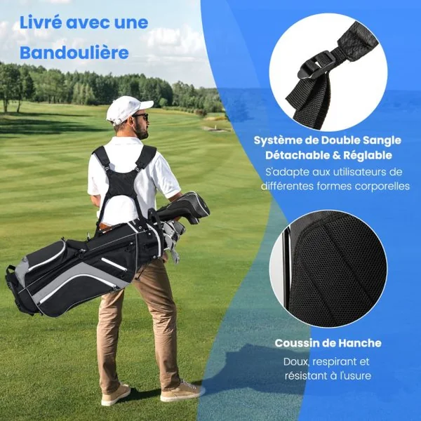 Sac de Golf avec Support Sac de Club de Golf avec Séparateurs Supérieurs à 14 Directions 6 Poches Sac Isotherme Double Sangle Capuche Anti-pluie Sac Bleu/Gris/Rouge
