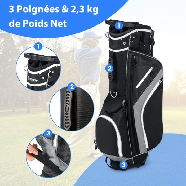 Sac de Golf avec Support Sac de Club de Golf avec Séparateurs Supérieurs à 14 Directions 6 Poches Sac Isotherme Double Sangle Capuche Anti-pluie Sac Bleu/Gris/Rouge