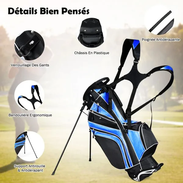 Sac de Golf Léger et Portable avec 5 Compartiments Poches Isothermes 7 Poches Bandoulière Porte-Ombrelle Noir et Bleu