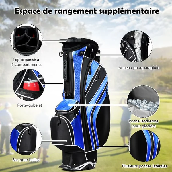 Sac de Golf Léger et Portable avec 5 Compartiments Poches Isothermes 7 Poches Bandoulière Porte-Ombrelle Noir et Bleu