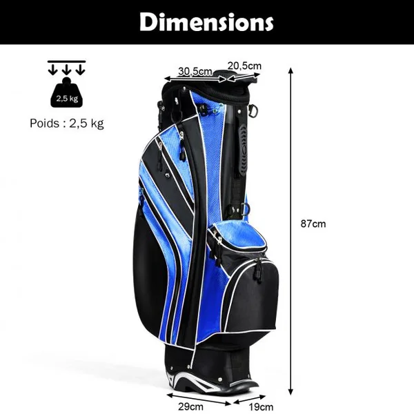 Sac de Golf Léger et Portable avec 5 Compartiments Poches Isothermes 7 Poches Bandoulière Porte-Ombrelle Noir et Bleu