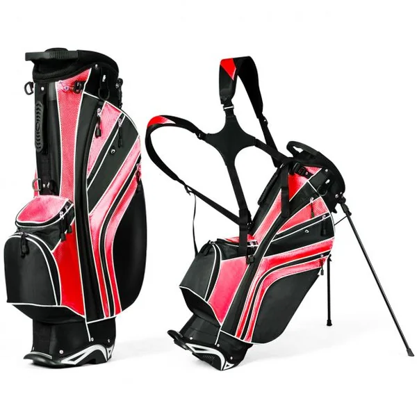 Sac de Golf Léger et Portable avec 5 Compartiments Poches Isothermes 7 Poches Bandoulière Porte-Ombrelle Noir et Rouge