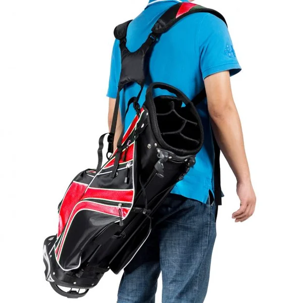 Sac de Golf Léger et Portable avec 5 Compartiments Poches Isothermes 7 Poches Bandoulière Porte-Ombrelle Noir et Rouge