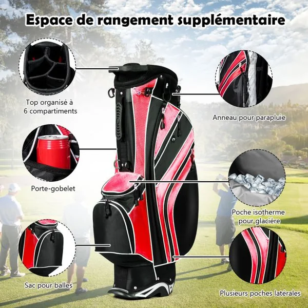 Sac de Golf Léger et Portable avec 5 Compartiments Poches Isothermes 7 Poches Bandoulière Porte-Ombrelle Noir et Rouge