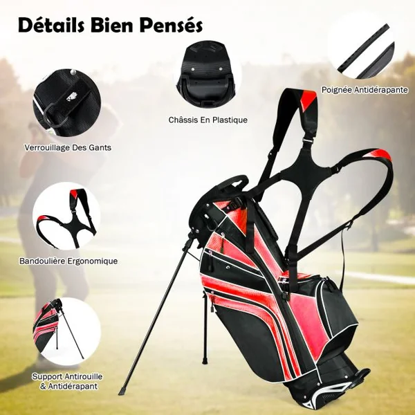Sac de Golf Léger et Portable avec 5 Compartiments Poches Isothermes 7 Poches Bandoulière Porte-Ombrelle Noir et Rouge