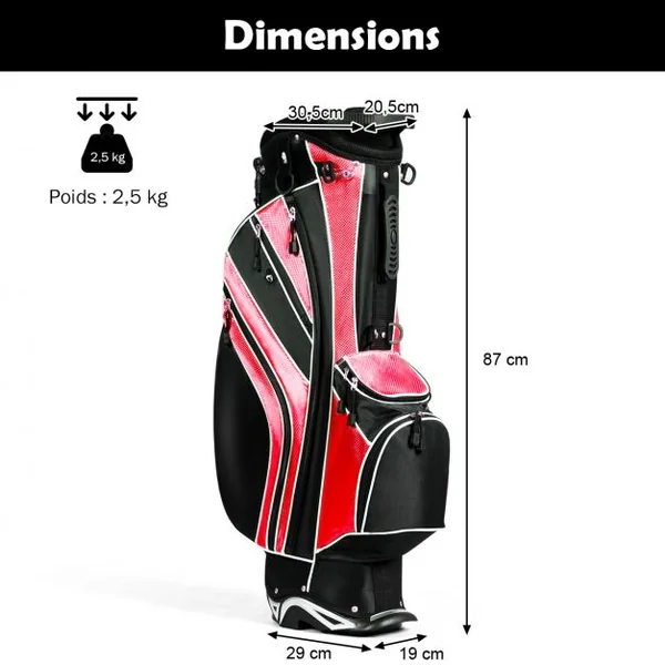 Sac de Golf Léger et Portable avec 5 Compartiments Poches Isothermes 7 Poches Bandoulière Porte-Ombrelle Noir et Rouge