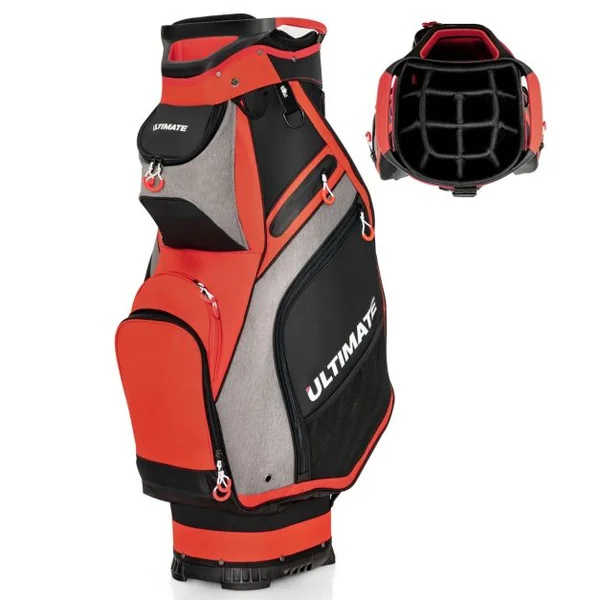 Sac de Golf Portable Debout au Sol avec 14 Compartiments Séparés 7 Poches Capuche de Pluie Bandoulière Poignée en PVC Noir/Rouge