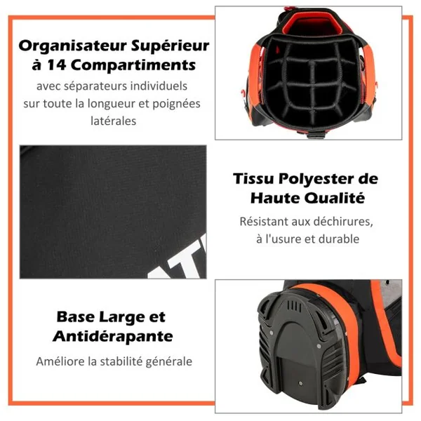 Sac de Golf Portable Debout au Sol avec 14 Compartiments Séparés 7 Poches Capuche de Pluie Bandoulière Poignée en PVC Noir/Rouge