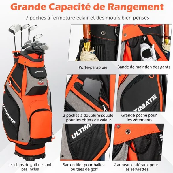 Sac de Golf Portable Debout au Sol avec 14 Compartiments Séparés 7 Poches Capuche de Pluie Bandoulière Poignée en PVC Noir/Rouge