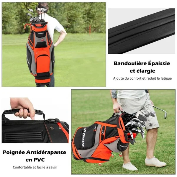Sac de Golf Portable Debout au Sol avec 14 Compartiments Séparés 7 Poches Capuche de Pluie Bandoulière Poignée en PVC Noir/Rouge