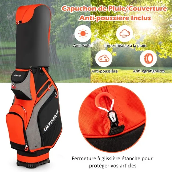 Sac de Golf Portable Debout au Sol avec 14 Compartiments Séparés 7 Poches Capuche de Pluie Bandoulière Poignée en PVC Noir/Rouge