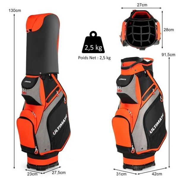Sac de Golf Portable Debout au Sol avec 14 Compartiments Séparés 7 Poches Capuche de Pluie Bandoulière Poignée en PVC Noir/Rouge