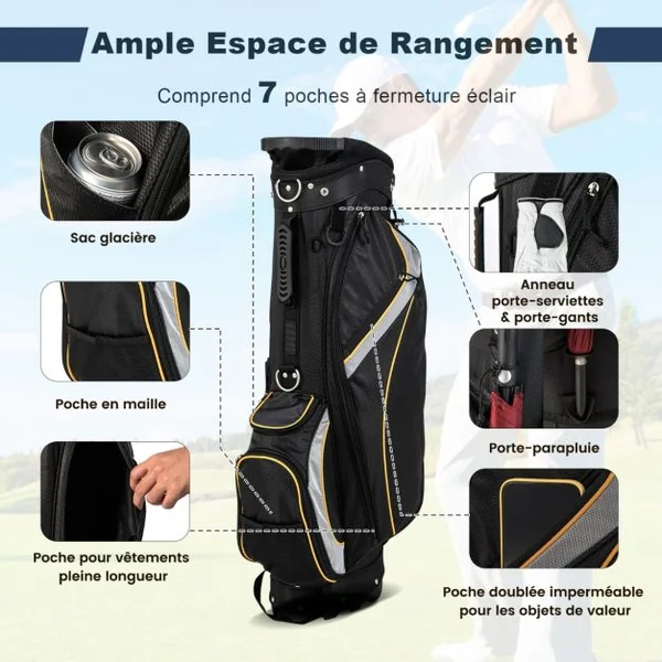 Sac de Golf sur Pied 8 Voies Sac de Golf Portable Léger de 2 kg avec Séparateurs Supérieurs 7 Poches Sac Isotherme Cappuccio Antipioggia