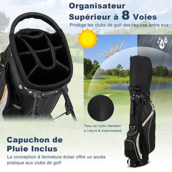 Sac de Golf sur Pied 8 Voies Sac de Golf Portable Léger de 2 kg avec Séparateurs Supérieurs 7 Poches Sac Isotherme Cappuccio Antipioggia