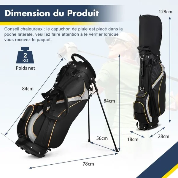 Sac de Golf sur Pied 8 Voies Sac de Golf Portable Léger de 2 kg avec Séparateurs Supérieurs 7 Poches Sac Isotherme Cappuccio Antipioggia