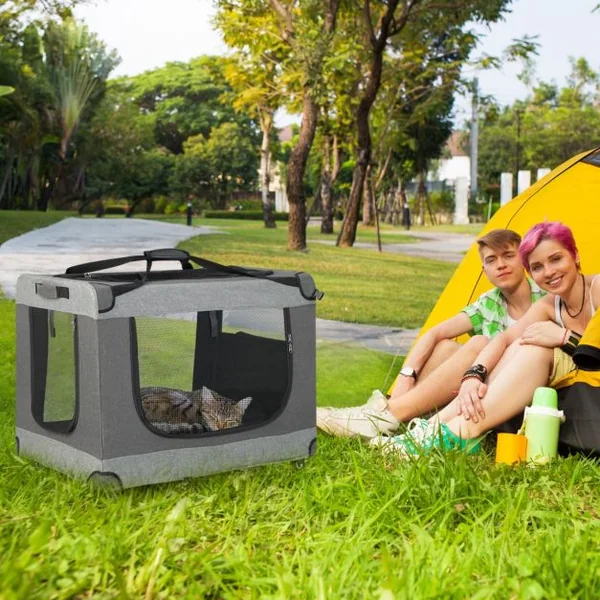 Sac de Transport pour Chien Chat Respirant Pliable à Roues avec 3 Entrées Bandoulière Coussin Amovible 82,5 x 59 x 67 cm Gris