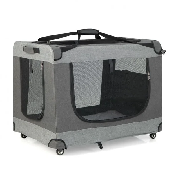 Sac de Transport pour Chien Chat Respirant Pliable à Roues avec 3 Entrées Bandoulière Coussin Amovible 82,5 x 59 x 67 cm Gris