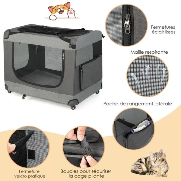 Sac de Transport pour Chien Chat Respirant Pliable à Roues avec 3 Entrées Bandoulière Coussin Amovible 82,5 x 59 x 67 cm Gris