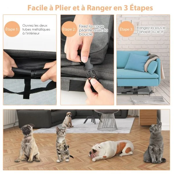 Sac de Transport pour Chien Chat Respirant Pliable à Roues avec 3 Entrées Bandoulière Coussin Amovible 82,5 x 59 x 67 cm Gris