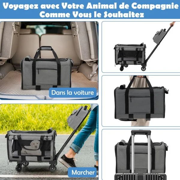 Sac de Transport à Roulettes pour Chien Chat Trolley Chariot pour Animaux avec Poignée Télescopique Coussin Amovible Gris