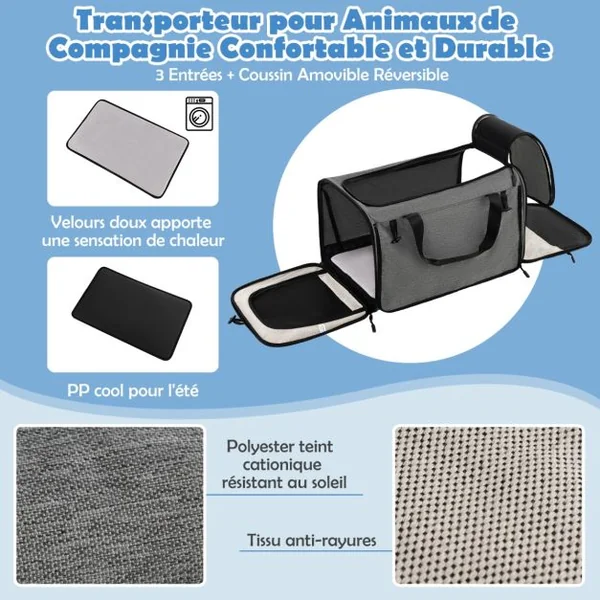 Sac de Transport à Roulettes pour Chien Chat Trolley Chariot pour Animaux avec Poignée Télescopique Coussin Amovible Gris