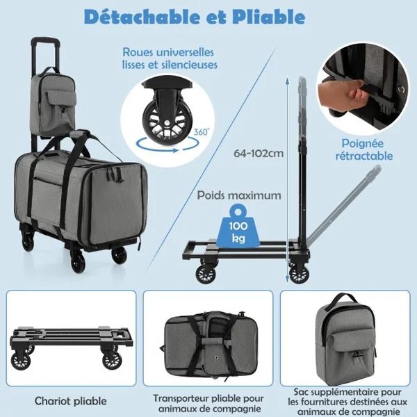 Sac de Transport à Roulettes pour Chien Chat Trolley Chariot pour Animaux avec Poignée Télescopique Coussin Amovible Gris