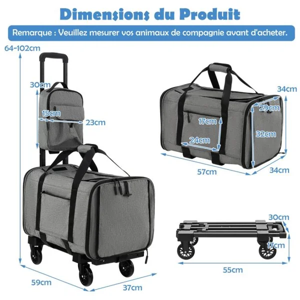 Sac de Transport à Roulettes pour Chien Chat Trolley Chariot pour Animaux avec Poignée Télescopique Coussin Amovible Gris