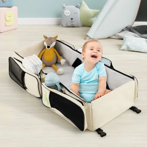 Sac à Langer Bébé 3 en 1 avec Lit Bébé Matelas à Langer Sac à Dos Couches de Voyage avec 5 Compartiments pour Parents Neige