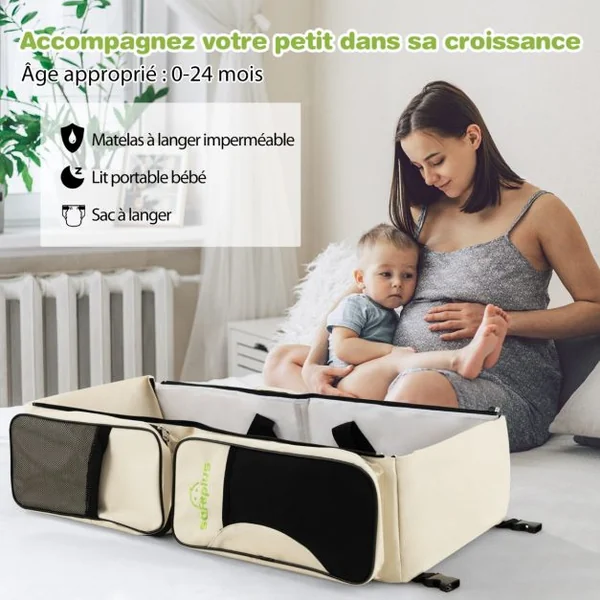 Sac à Langer Bébé 3 en 1 avec Lit Bébé Matelas à Langer Sac à Dos Couches de Voyage avec 5 Compartiments pour Parents Neige