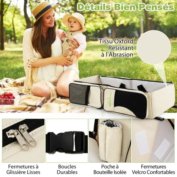 Sac à Langer Bébé 3 en 1 avec Lit Bébé Matelas à Langer Sac à Dos Couches de Voyage avec 5 Compartiments pour Parents Neige
