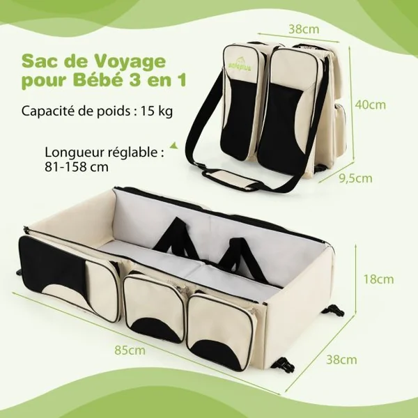 Sac à Langer Bébé 3 en 1 avec Lit Bébé Matelas à Langer Sac à Dos Couches de Voyage avec 5 Compartiments pour Parents Neige