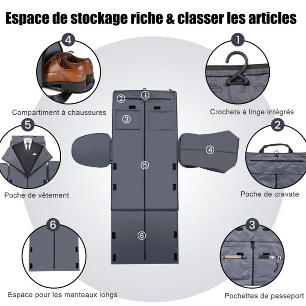 Sac à Vêtements de Cabine Sac De Sport Convertible 2 en 1 avec Poche à Chaussures Bandoulière Réglable et Amovible 50L Gris