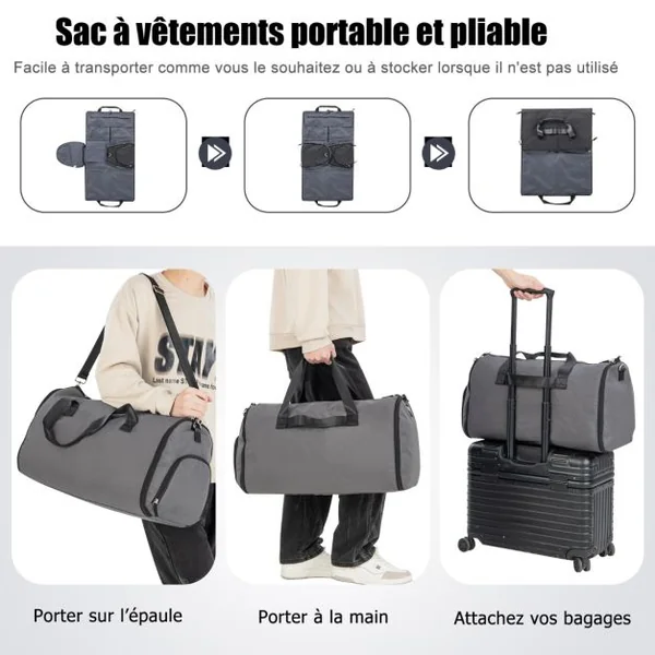 Sac à Vêtements de Cabine Sac De Sport Convertible 2 en 1 avec Poche à Chaussures Bandoulière Réglable et Amovible 50L Gris