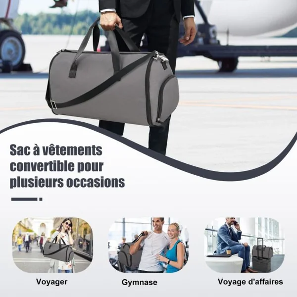 Sac à Vêtements de Cabine Sac De Sport Convertible 2 en 1 avec Poche à Chaussures Bandoulière Réglable et Amovible 50L Gris