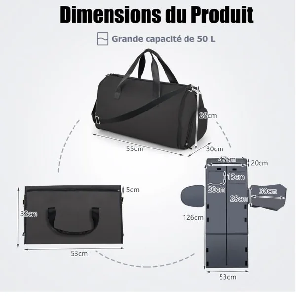Sac à Vêtements de Cabine Sac De Sport Convertible 2 en 1 avec Poche à Chaussures Bandoulière Réglable et Amovible 50L Noir