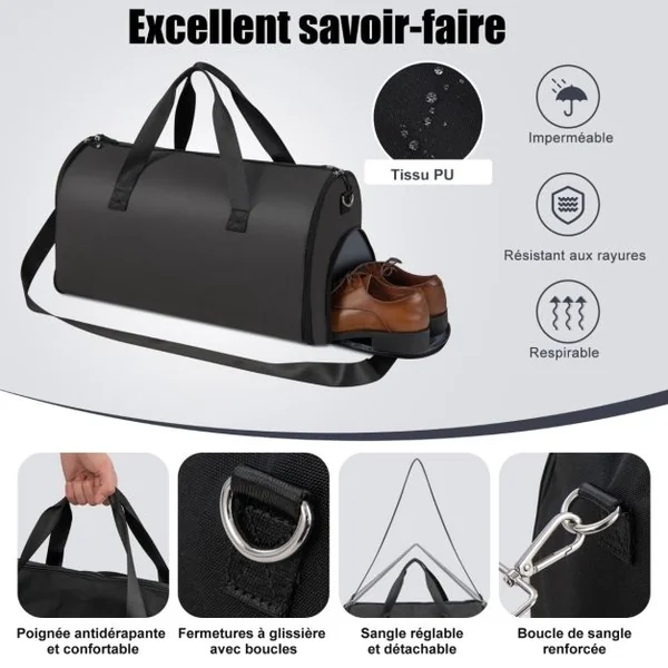 Sac à Vêtements de Cabine Sac De Sport Convertible 2 en 1 avec Poche à Chaussures Bandoulière Réglable et Amovible 50L Noir