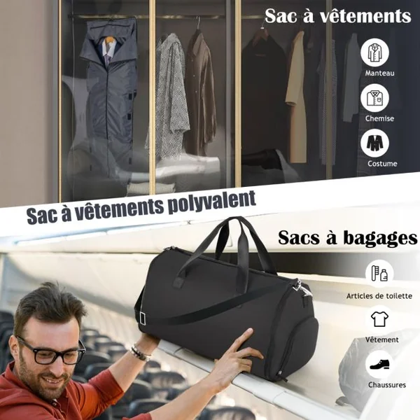 Sac à Vêtements de Cabine Sac De Sport Convertible 2 en 1 avec Poche à Chaussures Bandoulière Réglable et Amovible 50L Noir