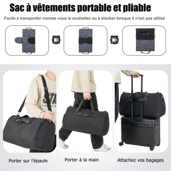 Sac à Vêtements de Cabine Sac De Sport Convertible 2 en 1 avec Poche à Chaussures Bandoulière Réglable et Amovible 50L Noir