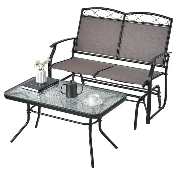 Salon de Jardin 2 Pièces avec Table Basse en Verre Trempé Causeuse à Bascule Charge 360KG Ensemble de Mobilier de Terrasse 2 Places Marron