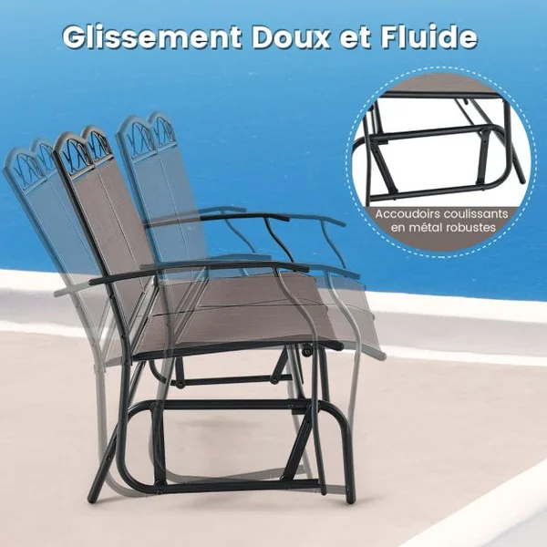 Salon de Jardin 2 Pièces avec Table Basse en Verre Trempé Causeuse à Bascule Charge 360KG Ensemble de Mobilier de Terrasse 2 Places Marron