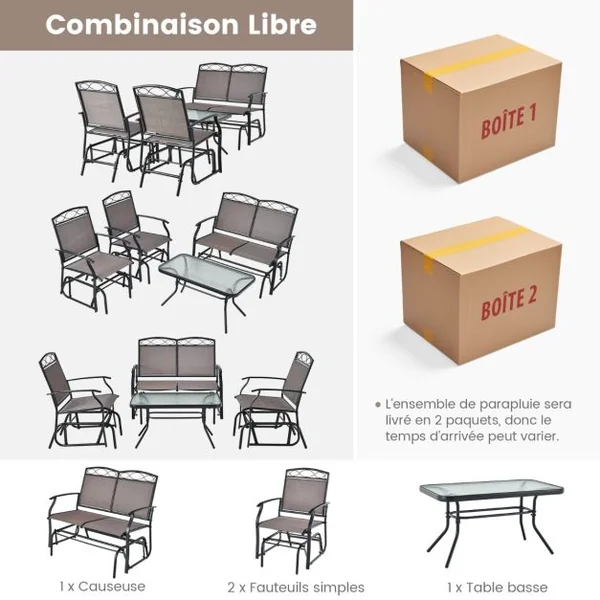 Salon de Jardin 2 Pièces avec Table Basse en Verre Trempé Causeuse à Bascule Charge 360KG Ensemble de Mobilier de Terrasse 2 Places Marron