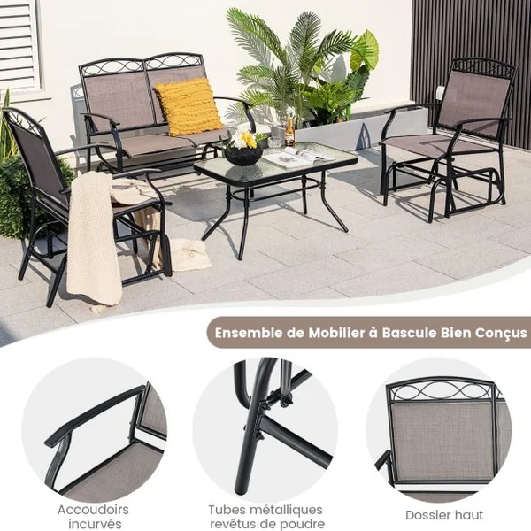 Salon de Jardin 2 Pièces avec Table Basse en Verre Trempé Causeuse à Bascule Charge 360KG Ensemble de Mobilier de Terrasse 2 Places Marron